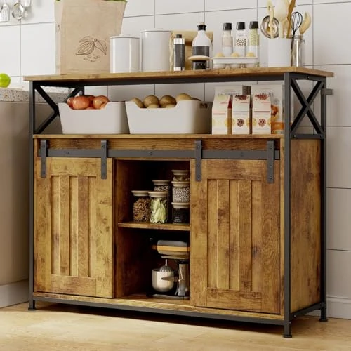 Offerta a tempo: Blishom Credenza per Soggiorno Stile Country, con 2 Ante Scorrevoli, Ripiani Regolabili, Mobile Organizzatore in Legno, 33 x 100 x 80 cm, Retro - 26% da 129.99 € a 95.99 €