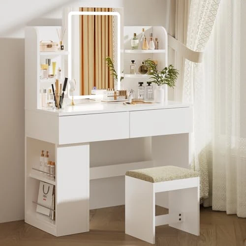 Oferta limitada: Airfish Tocador de Maquillaje con Espejo y LED Luz Regulable, Mesa de Maquillaje con 2 Cajones y 4 Estantes, Estante Inferior, Vanity de Escritorio Moderno para Dormitorio, 90 x 40 x 135 cm, Blanco de 124.50 € a 124.50 € (ahorro 0.00%)