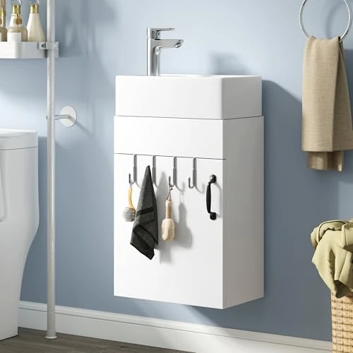 YITAHOME Mueble de baño, armario bajo lavabo con puerta, lavabo con lavabo, armario de almacenamiento, armario bajo lavabo con 2 ganchos, para baño, cocina, blanco, grifo no incluido