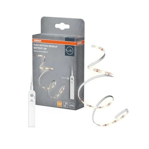 Offre limitée : Osram FLEX MOTION SENSOR Ruban LED à piles avec lumière blanche chaude et capteur de mouvement, 2 m, 3,6 W, 150 lm, 3000 K, blanc chaud 830, non gradable, IP20, source lumineuse non interchangeable de 13.44 € à 10.99 € (18% de remise)