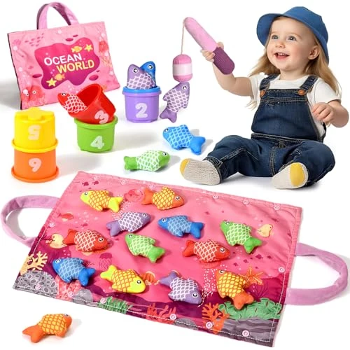 Tijdelijke aanbieding: Tokiyis Baby Speelgoed vanaf 1-2 jaar, Roze Visspel voor Kinderen 6 9 12 18 Maanden - All-in-1 doek visspel voor peuter 1-3 met stapelbekers - getallen, kleursorteren leren van 18.99 € naar 18.99 € (0.00% korting)