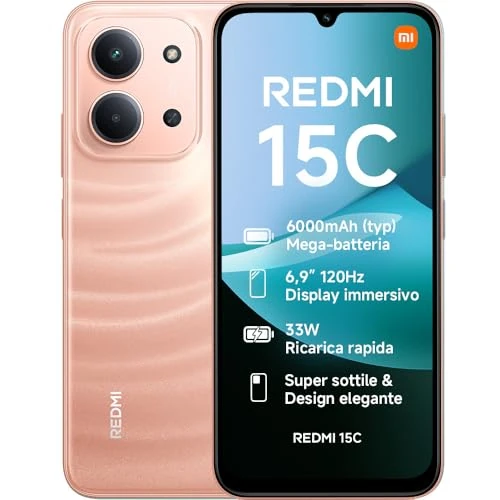 XIAOMI Redmi 15C, Smartphone 4+256GB, Display 6,9" 120Hz, 7,99mm, MediaTek Helio G81-Ultra, Dual camera da 50MP, Mega batteria da 6000mAh, Garanzia 2 anni, Arancione, Caricabatterie non incluso