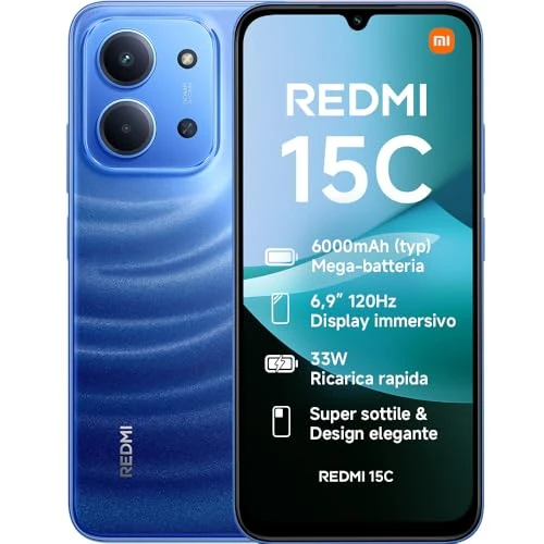 XIAOMI Redmi 15C, Smartphone 4+256GB, Display 6,9" 120Hz, 7,99mm, MediaTek Helio G81-Ultra, Dual camera da 50MP, Mega batteria da 6000mAh, Garanzia 2 anni, Blu, Caricabatterie non incluso