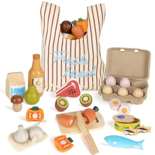 Comida Madera Juguete, Juguetes Frutas y Verduras, Accesorios Cocina Juguetes, Accesorios Cocinita Infantil, Juego de Roles para Niños 3+, Regalos Navidad para Niños Niñas 4 5 6 7 8