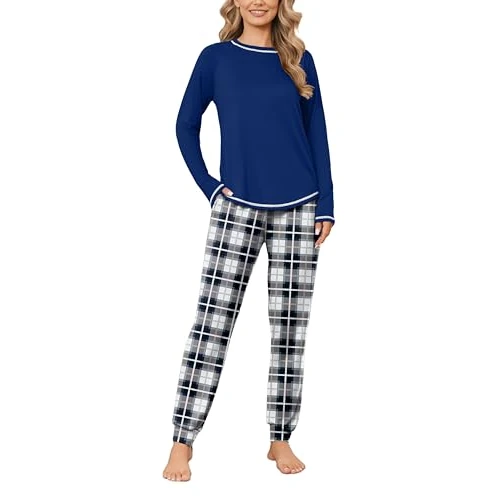 Ekouaer Pyjamas for Women Comfortable Plaid T-Shirt and Bottoms Winter Nightwear Loungewear Navy-Pink L