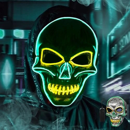 HBSFBH Maski świetlne na Halloween, maska horroru LED, Maschera Cranio Faccia Maschera, 3 tryby mrugania, maska na Halloween, karnawał i karnawał