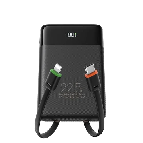 Offerta a tempo: VEGER 10000mAh Power Bank con Cavi Integrati, 22.5W Ricarica Rapida Caricatore Portatile, Sottile Compatto USB C Powerbank LED Display con 4 Uscite e 3 Ingressi Compatibile con iPhone Huawei Xiaomi - 27% da 26.99 € a 19.71 €