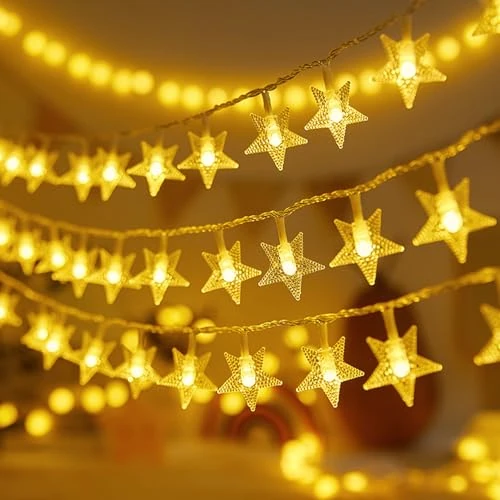 DERAYEE Luces de cadena navideña, cadena de estrellas, cadena luminosa para decoración navideña, boda, jardín, casa exterior de interior