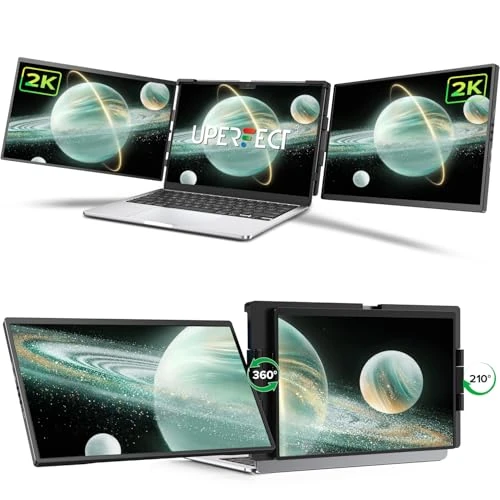 UPERFECT Laptop Screen Extender, 2K 14" 360° Patented Unique Swivel Hinge Triple Monitor, 2240x1400 QHD IPS Portable Dual Monitor for 13.3"-17.3'' Laptops, Plug & Play with Mac, Wins, Android