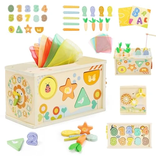 Tijdelijke aanbieding: Montessori Toys for 1 Year Old, 6 in 1 Wooden Baby Tissue Box Toy with Gears, Fishing Game & Shape Sorter, Educational Fine Motor Skills Toys for 1 2 3 Year Olds Girls Boys, 1st Birthday Gifts van 24.99 EUR naar 24.99 EUR (korting 0%)