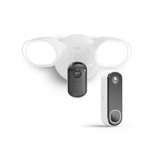 Arlo Floodlight Camara Vigilancia + FHD Videoportero WiFi, Inalámbrico, 160° Visión Nocturna, Sirena de Alarma, Detección Movimiento, Audio Bidireccional, Prueba Gratuita de Arlo Secure, 2 cámaras