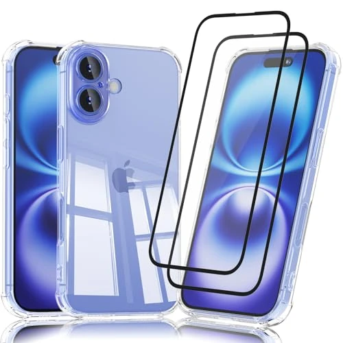 Vancle Carcasa transparente para iPhone 16 con 2 piezas de cristal templado, caja anticaídas, gruesa resistente a los arañazos silicona antigolpes protección Case