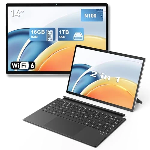 FUNYET 2-in-1 laptop, laptop Win 11 14 inch, notebook N100 met 16 GB RAM, 1 TB SSD, Bluetooth-afstandsbediening met achtergrondverlichting en deactivering van dattyloscopische lichten