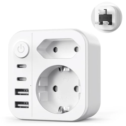 Offerta a tempo: Presa Inglese Italiana Adattatore 6 IN 1, 3250W Adattatore UK con 4 USB,Tipo G Adattatori Presa Inglese per Regno Unito, Irlanda, Scozia,Dubai, Maldive - 21% da 17.99 € a 14.24 €