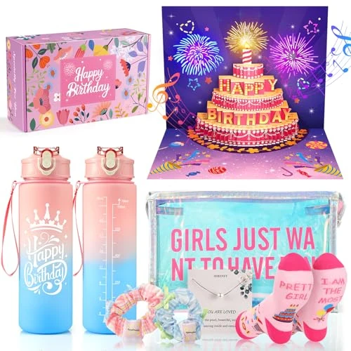GeschenPark Prezent urodzinowy dla dziewczynek w wieku 6-14 lat, muzyczna kartka urodzinowa z efektem 3D i światłem, zestaw upominkowy dla dziewcząt ze skarpetkami, kosmetyczką, gumkami do włosów