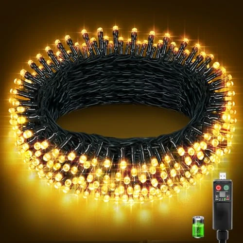 Lichterkette, für den Außenbereich, wiederaufladbar, USB, mit 800 mAh Akku, 10 + 3 m, 100 LEDs, für den Außenbereich, 8 Modi, Timer, Speicherfunktion, wasserdicht IP44, Weihnachtsdekoration, Warmweiß