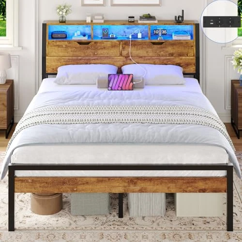 Limited-time offer: Brinlawb Bed Frame with Power Strip & LED Lights, Stable and Sturdy Metal Bed Frame with Wooden Headboard -2 Door Storage Compartments, Platform Bed Frame (Vintage Brown, 120x200cm) from 129.99 £ to 99.99 £ (save 23.08%)