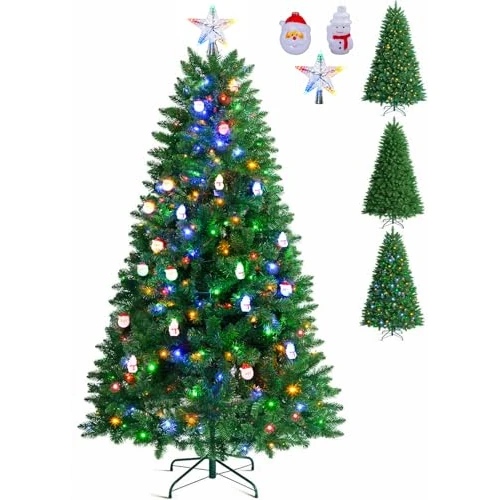 180 cm Artificial Christmas Tree with Lighting, 9 Light Modes and 2 Colour Changes, Green PVC, Fire Resistant, Christmas Tree with Metal Stand for Christmas Decoration