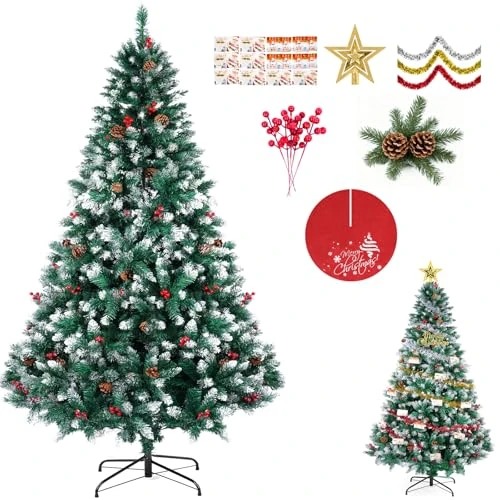 SINCHEREU Artificial Christmas Tree 180 cm, 1250 White Branches, Easy Assembly, 45 cm Iron Stand, Includes 6 Different Decorations