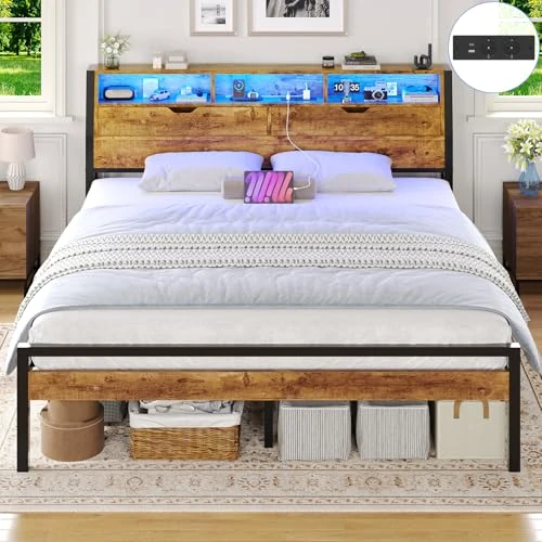 Offre limitée : Brinlawb Cadre de Lit 180x200 avec Sommier Métal lit 2 Personnes avec Lumières LED et Multiprise (2 Prises AC, 1 Port USB-A, 1 USB-C) Lit 180x200 avec Rangement, Facile à Assembler, Marron Vintage de 129.99 € à 129.99 € (0.00% de remise)