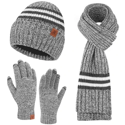 Bequemer Laden Winter Herren Mütze Schal Touchscreen Handschuhe Set, Warm Beanie Wintermütze Strickmütze Schlauchschal Winterhandschuhe Strickhandschuhe mit Fleece Gefütterte, Grau Weiß
