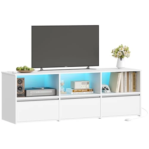 Offerta a tempo: Hzuaneri Mobile TV con Illuminazione RGB LED, Tavolino Porta TV fino a 65 Pollici, Lungo 143,5 cm, 3 Cassetti 3 Scomparti Aperti, 40 x 143,5 x 50 cm, per Soggiorno, Camera da Letto, Bianco-Argento - 0.00% da 99.22 € a 99.22 €