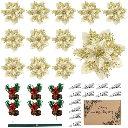 Offerta a tempo: Woltoy Decorazioni Natalizie per la Casa 18 Pezzi Addobbi Natalizi per Esterno, 12 Fiori per Albero di Natale ed 6 Rami di Pino Artificiale di Natale per Decorazioni Ghirlande Feste (Oro) - 0% da 8.97 € a 8.97 €