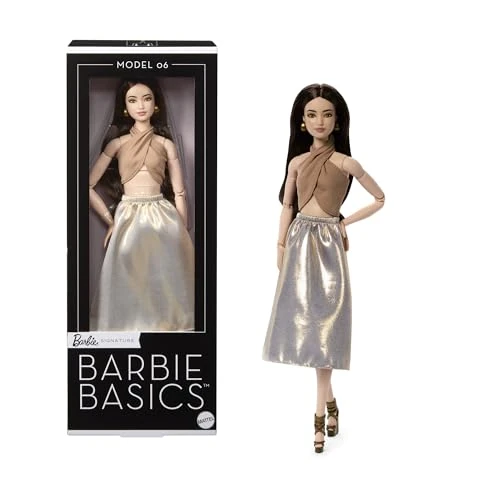Offerta a tempo: Barbie Signature - Barbie Basics Modello 06, bambola da collezione con capelli castani, gonna e top incrociato dorati, vestibilità universale e corpo snodato, JJX25 - 38% da 41.99 € a 25.99 €