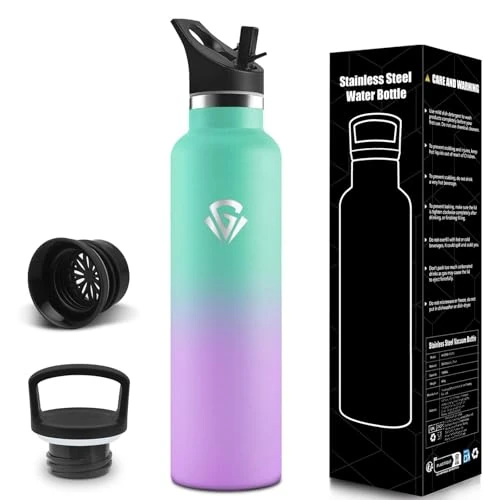Limitiertes Angebot: Trinkflasche, 1000 ml BPA-Frei, Trinkflasche Edelstahl, Isolierflasche Mit Strohhalm und 2 Deckeln, Wasserflasche, 304 Edelstahl, Flasche Mit Strohhalm für Fitnessstudio, Büro - Seegrün&Hellviolett von 21.85 EUR auf 21.85 EUR (Spare 0%)