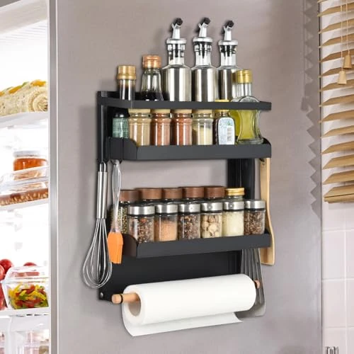 Offre limitée : OTraki Étagère à Épices Etagere Magnetique Frigo, Cuisine Charge Maximale 8 Kg sans Perçage Etagere De Rangement 2 Niveaux avec Porte-Rouleau D'essuie-Tout Et 4 Crochets de 27.99 € à 26.99 € (4% de remise)