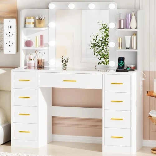 Offre limitée : BEWISHOME Grande Coiffeuse avec Miroir et LED lumières,Luminosité Réglable,Coiffeuse avec Plateau en Verre,Table de Maquillage avec Multiprise,9 Tiroirs,4 Étagères Ouvertes Moderne Blanc EFST39W de 139.99 € à 116.06 € (17% de remise)