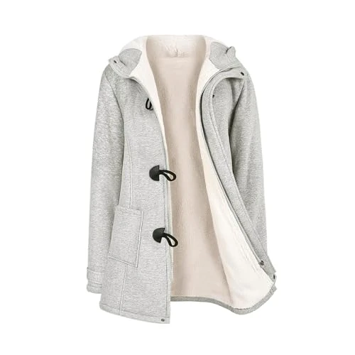 Yuson Girl Płaszcze Damskie Zimowe Kurtka Z Rogiem Guziki Zagęścić Hoodie Płaszcz Eleganckie Bluzy Damskie Bluzy Z Kapturem Na Co Dzień Kurtki Kardigany Topy Zipper Outwear Z Kieszeniami, Jasnoszary