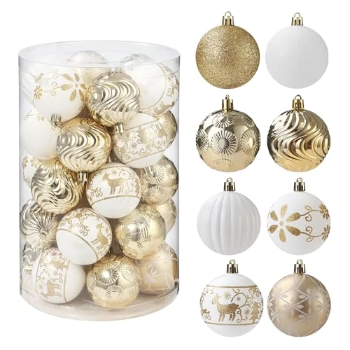 Limitiertes Angebot: 34 Stück Weihnachtskugeln,Christbaumkugeln Kunststoff Christbaumschmuck,Weihnachtsbaumschmuck Mit Schlüsselband,Rentier Gemaltes Set Balldekoration,Für Weihnachtsbaumschmuck (Weißgold) von 17.99 EUR auf 10.99 EUR (Spare 39%)