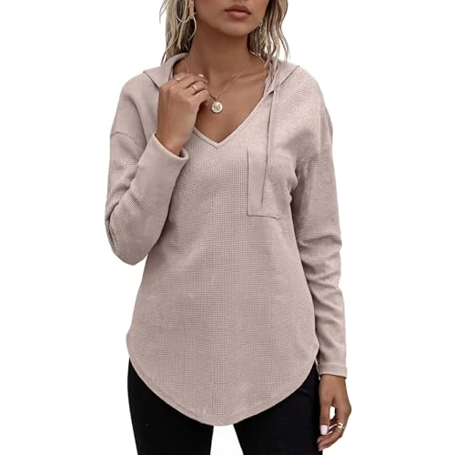 CheChury Bluzy z kapturem dla kobiet bluza z długim rękawem top z kapturem sweter z dekoltem w serek sznurek luźna tunika topy lekkie w kratę jednokolorowe swetry damska bluza z kapturem jesień wiosna