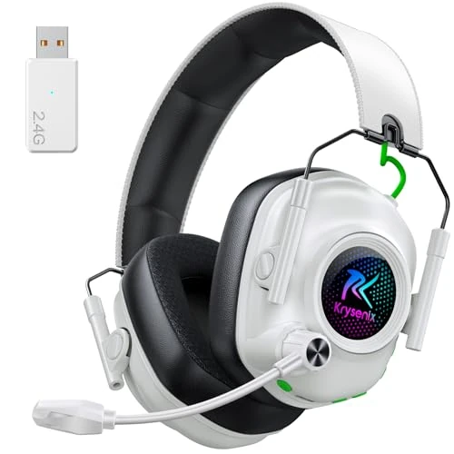 Krysenix Wireless Gaming Headset for PS5, PS4, PC, Switch, Mac, 2.4 GHz Wireless & Bluetooth 5.4 Gaming Headphones with Mic Noise Canceling, Gaming & Music Dual Mode, Foldable, 40H Battery,White