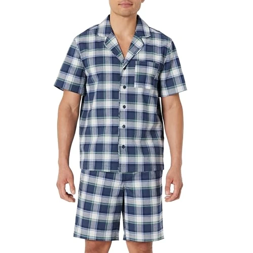 Offerta a tempo: Amazon Essentials Set Pigiama Corto con Collo a Risvolto in Popeline di Cotone Elasticizzato Uomo, Indaco Plaid Country, XXL - 5% da 25.38 € a 23.99 €