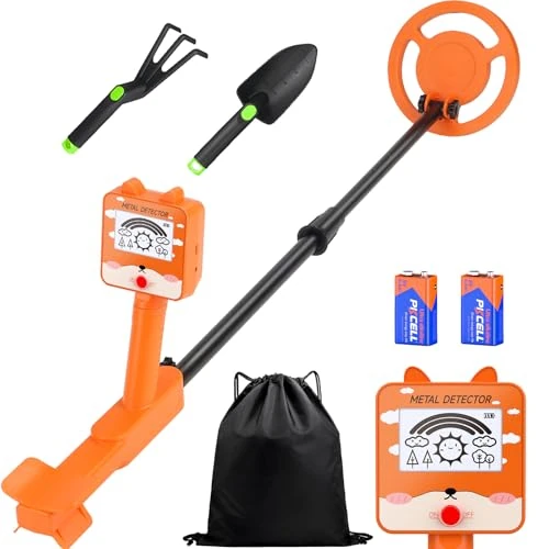 Orange Metal Detector with Two 9V Alkaline Batteries, LED Display, Type-C Connector for Charging for Children and Adults