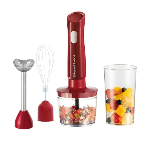 Russell Hobbs Hand Blender Electric [3-in-1: Blender, Whisk & Chopping Knives] Desire Red (600 ml cup, Dishwasher Safe Accessories, Stainless Steel Knives, For Soups, Sauces & Dips) 27142-56