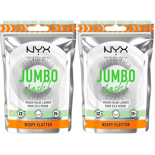NYX Professional Makeup Ciglia Finte, Tenuta Fino a 12H, Banda Invisibile, Ri-Utilizzabili Fino a 15 Volte, Ciglia Vegane*, Jumbo Lash!, Wispy Flutter (Confezione da 2)