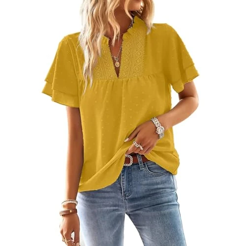 Tijdelijke aanbieding: TUUHAW Blouse Dames Zomer Boho Top Korte Mouwen Tops Kant Vloeiend Elegant V-hals T Shirt Tuniek Paspel Schattig Casual Outfits Volant Lente Losse Kant Herfst Kleding Geel L van 30.99 € naar 30.99 € (0.00% korting)