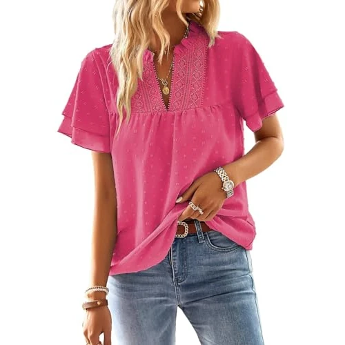 Oferta limitada: TUUHAW Blusas Mujer Verano Camiseta Manga Corta Mujer Fucsia L de 30.99 € a 18.99 € (ahorro 39%)