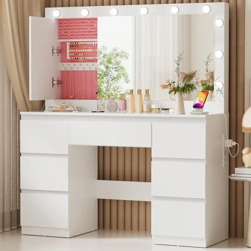 Offerta a tempo: TRIUMPHKEY Toeletta Trucco con 12 Luci LED e Prese,Luminosità Regolabile,Postazione Trucco con Grande Specchio,120 x 40 x 140 cm,Tavolo da Trucco con 7 Cassetti e Armadio per Gioielli,Camera da Letto - 0.00% da 186.57 € a 186.57 €
