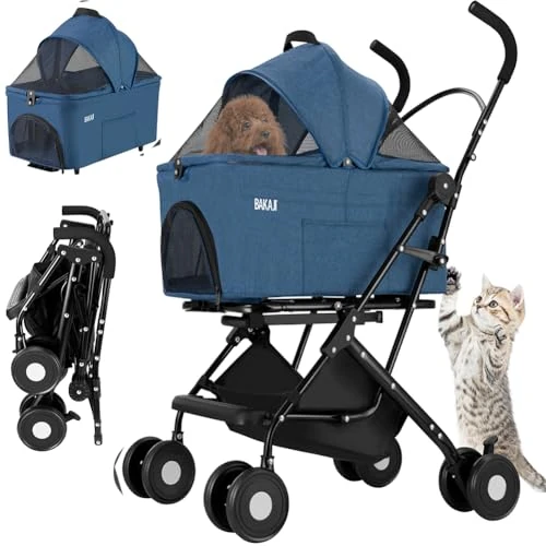 BAKAJI Cochecito para mascotas 2 en 1, carga máxima de 40 kg, plegable y ahorra espacio, cápsula extraíble, carrito para perros y gatos con transportín extraíble y cesta portaobjetos (azul)