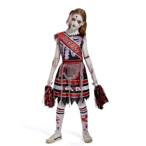 HERMORRYSS Zombie kostium cheerleaderki, dla dziewczynki, cheerleaderki, zombie ze skarpetkami i ozdobą do włosów, cheerleaderka zombie, strój fearleader na przerażające Halloween, na imprezy z