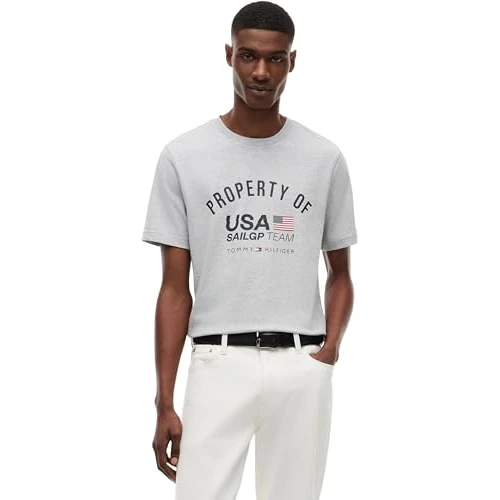 Zeitlich begrenztes Angebot: Tommy Hilfiger Herren T-Shirt Kurzarm US SailGP Property aus Baumwolle, Grau (Light Grey Heather), S von 39.90 € auf 12.95 € (68% Rabatt)