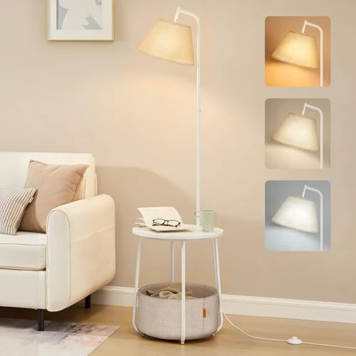 VASAGLE Tavolino con Lampada, Lampada da Terra 3 in 1 con Tavolino e Cesto in Tessuto da Soggiorno Salotto, Lampadina LED Regolabile Inclusa, Paralume ad Angolo, Acciaio, Bianco Opaco LFL004WC04