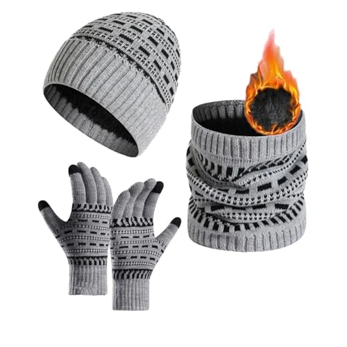 JFAN Męska damska czapka zimowa, szalik, rękawiczka, ekran dotykowy, zestaw z podszewką polarową, ciepła czapka z dzianiny, szalik, rękawiczka z geometrycznym wzorem, 3 sztuki, jasnoszary, jeden