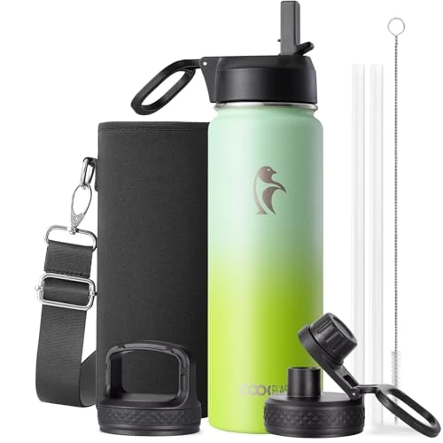 Offerta a tempo: Coolflask Borraccia termica da 590 ml, con cannuccia, in acciaio inox, con 3 coperchi, imboccatura larga, per sport o ufficio, senza BPA, mantiene il freddo fino a 48 ore o caldo fino a 24 ore, verde - 19% da 27.99 € a 22.79 €