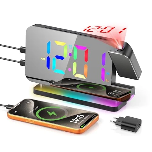 Offerta a tempo: TAKRINK Sveglia con Proiettore Soffitto, 7'' Sveglia Digitale con Display Digitale 11 Colori RGB, Luci Ambiente 10 Modalità, Proiezione 180° Snooze Radio FM, 12/24H, USB-A e Type-C per Casa Ufficio - 34% da 29.99 € a 19.71 €