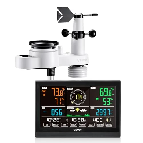 Offre limitée : VEVOR Station Météo Sans Fil 5 en 1, Station Météo Solaire Intérieur Extérieur, avec Écran VA 190,5 mm, Capteur, Prévisions, Température, Humidité, Vitesse et Direction Vent, Précipitations, Sans Wifi de 61.84 € à 61.84 € (0.00% de remise)